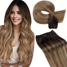 LaaVoo Weft Hair Extensions Human Hair Ombre Brown to Ash Blonde Balayage Sew in Hair Extensions Human Hair Hand Tied Weft Human Hair Extensions for women Short Straight 12 Inch 80g