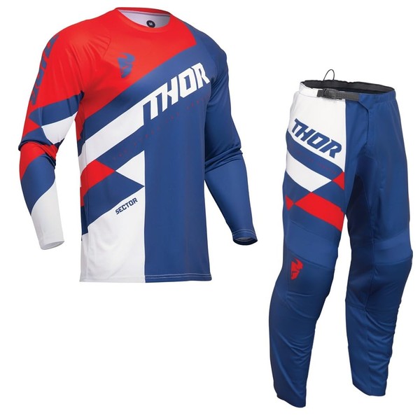 THOR SECTOR CHECKER 2024 ADULT MOTOCROSS SUIT - Off Road Mx Motorbike Race Shirt and Pant Quad Dirt Bike Trial ATV BMX Sports Enduro Jersey Trouser Set Navy/Red (TOP (L),36 inches)