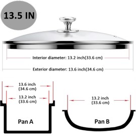 13.5 Inch Glass & Stainless Steel Lid with Steam Vent, Universal lid for Pots, Pans, Skillets and Woks, Large Covers Replacement of 34cm, Fits Pots With Inner dia 13.2-13.6 Inches