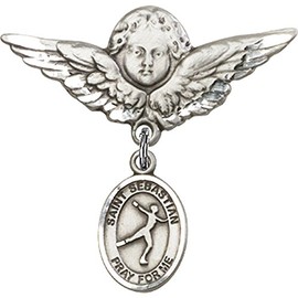 Sterling Silver Baby Badge with St. Sebastian/Figure Skating Charm and Angel w/Wings Badge Pin 1 1/8 X 1 1/8 inches