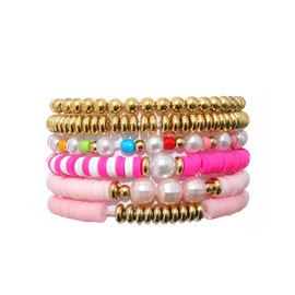 COLORFUL BLING 5-12Pcs Bohemian Love Heart Bead Bracelets for Women Vinyl Disc Heishi Surfer Stackable Stretch Bracelet Summer Beach Boho Jewelry-6pcs pink pearl