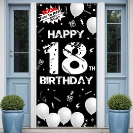 PHXEY Fabric 18th Birthday Backdrop Banner Black White, Happy 18th Birthday Decoration for Men Women, 18 Year Old Birthday Party Yard Sign Photo Props Door Decor Supplies for Outdoor Indoor