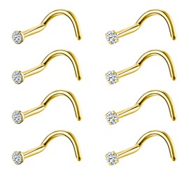 8PCS G23 Titanium Twist Screw Nose Studs 18G 20G Nose Rings 2mm 2.5mm 3mm Clear Pink Purple Aurora CZ Gold Nose Piercing Studs Nostril for Women Men (18g gold clear cz 2mm)