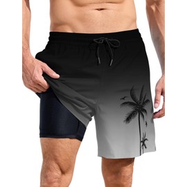 Lzzidou Men Swim Trunks with Compresssion Liner 7 Inch Inseam Board Shorts Bathing Suit with Zipper Pockets Black Grey