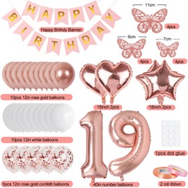 Rose Gold 19th Birthday Decorations for Girl, 19 Year Old Birthday Sign with Happy Birthday Banner, 40In Number 19 Foil Birthday Balloons, Butterfly Decorations, Heart and Star Balloons
