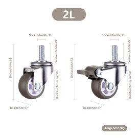 Furniture Castors M10, Castors for Röbel M10, M8 Castors 2 Castors without Brake + 2 Wheels with Brake, Heavy Duty Castors M10, Swivel Castors with M10 Thread Set of 4, Swivel Castors for Furniture 50