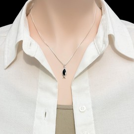 Black Onyx Ichthus Pendant Necklace in 925 Sterling Silver Religious Christian Fish Symbol Jewelry for Women Ideal Gift for Daughter Sister Granddaughter for Baptism (16 inches plus 2-inch extender)