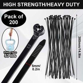 Blulu 200 Pcs Black Cable Tie 14.9'' 53LB Nylon 6.6 Zip Cable Ties with Stainless Steel Locking Device Heavy Duty UV Resistant Wire Wrap with Metal Tooth Multi Purpose for Indoor Outdoor