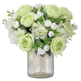 ZINHO 4 Packs Artificial Peony Flowers, 20 Heads & 16 Buds, Realistic Fake Silk Flowers for Home Decor, Wedding Bouquets DIY Crafts Includes 2 Ties & 1.8m Ribbon (Green)