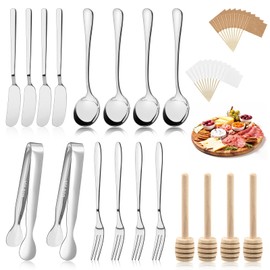 38 Pcs Charcuterie Boards Accessories, Silver Stainless Steel Charcuterie Utensils Set, Including Cheese Butter Spreader, Mini Serving Tongs, Knives, Spoons, Forks, Honey Dippers and Toothpick Flags