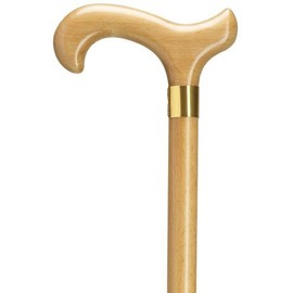 Walking Cane - Mens Derby with Brass Band Mens derby handle, on hardwood shaft with wide brass band, 7/8" diameter shaft, 36" long w/rubber tip. Available in natural wood stain.