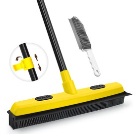 Dolanx Rubber Broom with Squeegee, Pet Hair Removal 52.8 inches Long Handle, Push Fur Remover Tool with Portable Detailing Lint Brush for Fluff Carpet, Window, Tile, Hardwood Floor Cleaning (Yellow)