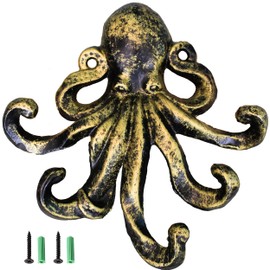 JJ PRIME - Octopus Key Holder for Wall | Animal Decor Key Hooks for Wall | Key Hooks Wall Mounted | Octopus Ornament Key Hook for Entryway, Hallway, Office (Gold)