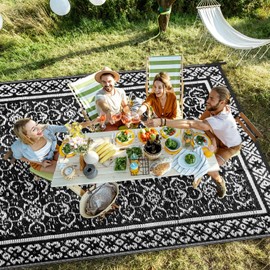 Outdoor Patio Plastic Straw Rug - 6'x9' Outdoor Camping Rug Waterproof Reversible, Area Carpet Patios Clearance RV, Outside Porch Balcony Deck for Camper, Classic Black & White