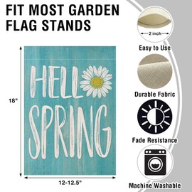 Artofy Hello Spring Daisy Flower Small Decorative Garden Flag, Teal Farmhouse Yard Lawn Outside Decor, Seasonal Rustic Burlap Outdoor Home Decoration Double Sided 12 x 18