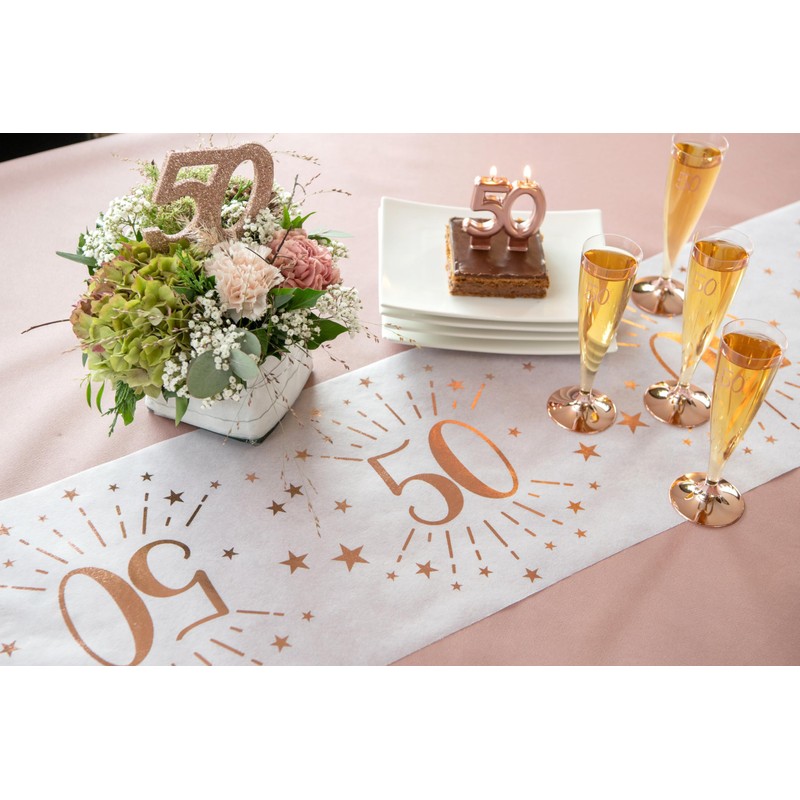 Santex 7344-18-30 Glittery Age Table Runner, Metal, White/Rose Gold, 18