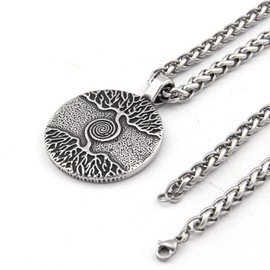 BaviPower Tree of Life Viking Yggdrasil Pendant Necklace 4mm Keel Chain Stainless Steel Asatru Pagan Jewelry for Men Women