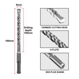 SALI 10PCS SDS Plus Rotary Hammer Drill Bit Concrete Drill Bit Kit Double Thread Tungsten Carbide Tip Suitable for Concrete, Brick, Cement Walls, Stone, 8mm x 160mm Hammer Drill Bits for Concrete
