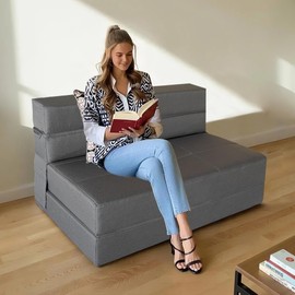 ARTPLAN Fold Sofa Bed-Sleeper Single with Pillow, Modern Futon Sleeper Chair Guest Bed with Washable Linen Cover, Foldable Mattress for Living Room, Dorm, Apartment,Dark Grey