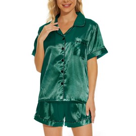 MyFav Womens Silk Satin Pajamas Set Short Sleeve Loungewear Two-Piece Sleepwear Button-Down Pj Sets,Green,M