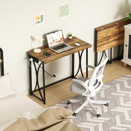 coeztt Small Desk, 31.5" Folding Table for Bedroom with Power Outlet, Space Saving Folding Computer Desk for Home Office, Easy Assembly, Brown