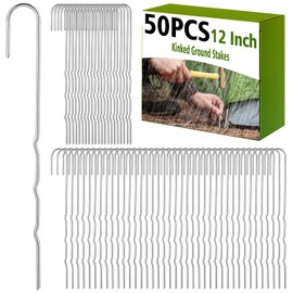 Yaocom 50 Pcs Kinked Ground Stakes 12 Inch Metal Garden Fence Edging Hook Heavy Duty J Shaped Galvanized Tent Fence Spikes for Dogs Digging Outdoor Awning Canopy Tarpaulin
