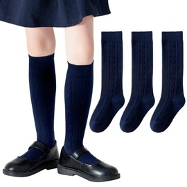Calcetines altos hasta la rodilla para niñas, calcetines de uniforme escolar acanalados, paquete de 3/6, calcetines de tubo sin costuras, unisex, calcetines de fútbol para niños, 3-14 años, Cable-navy, 3 pares, 3-5 Años