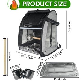 GREGCE Bird Carrier Bag, Bird Travel Cage with Standing Perch and Indestructible Stainless Steel Mesh, Protable Transparent Breathable Carrier with Feeder Cups for Small Birds Parrot Parakeet, Grey