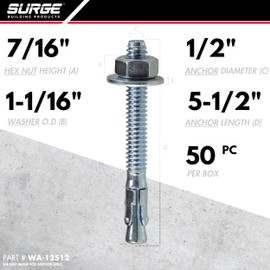 Surge BP - 1/2" x 5-1/2" Zinc-Plated Wedge Anchors for Concrete and Cement | Heavy-Duty Expansion Anchor (Box of 50)