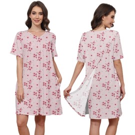 Liokoc Hospital Gowns for Women Open Back Tear Away Snap Post Shoulder Dress Short Sleeve Soft Adaptive Clothing with Pockets Pink Flower