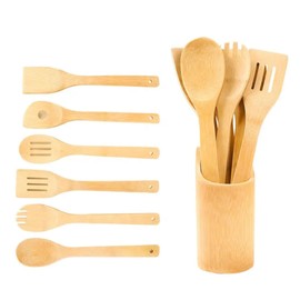 Click Bargain Wooden Utensile Set Kitchen Accessories Kit with Utensil Holder Wooden Spoons Spatula Food Turner Bamboo Cooking & Serving Utensils Set