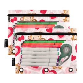 Fustylead Monkey Love Pencil Pouch Fits Standard 3-Ring Binders, Zipper Binder Pencil Bag with Clear Window for Office School Class Students 2 Pack