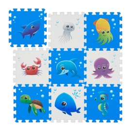 Relaxdays Sea Creatures Puzzle Mat 9 Piece Play Mat for Babies & Children W86xD86cm Foam Blue/White