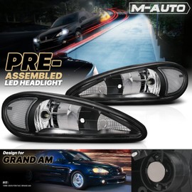 M-AUTO Factory Style Headlights Pair Set Left+Right with 2 Pre-assembled 6000K LED Bulbs Compatible with 99-05 Pontiac Grand Am