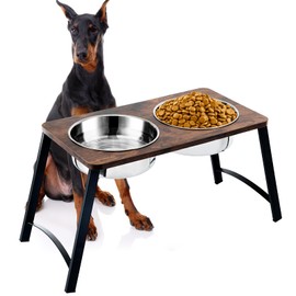 Elevated Dog Bowls for Medium and Large Dogs Wood Raised Dog Bowl Stand with Two 1700ML Stainless Steel Dog Food and Water Bowls,Non-Slip