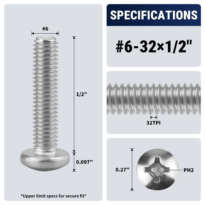 100pcs #6-32 x 1/2" Phillips Pan Head Machine Screws, 304