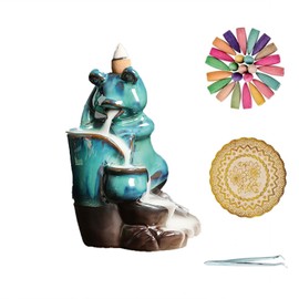 TangMDeXd Ceramic Backflow Incense Burner Waterfall Incense Holder, Frog Backflow Incense Holder with Incense 20 Cones, 1 Pad and 1 Tweezer for Home Office Desk Decor Yoga Aromatherapy Accessories