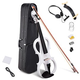 AW 4/4 Electric Violin Full Size Wood Silent Fiddle Stringed Instrument Bow Headphone Case White