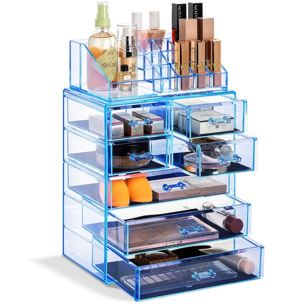 Sorbus Clear Cosmetic Makeup Organizer - Make Up & Jewelry Storage, Case & Display - Spacious Design - Great for Dresser, Bathroom, Vanity & Countertop (3 Large, 4 Small Drawers) [Blue Brilliance]
