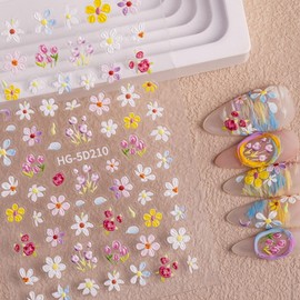 Flower Nail Art Stickers Decals Spring Colorful Flower Nail Stickers 3D Summer Self-Adhesive Cute Daisy Floral for Nails Flowers Designs 5D Embossed Nail Supplies Manicure Decal DIY Decor for Women