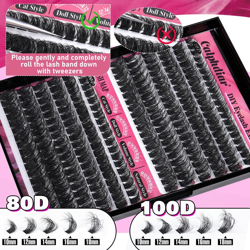 Calphdiar Fluffy Individual Eyelashes 80D+100D Thick Cluster Lashes Wispy Lashes