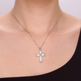 Lavari Jewelers Created White Opal Cross Pendant with .03 cttw Diamonds - Sterling Silver - 18"