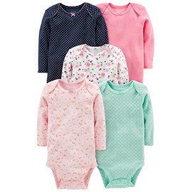 Simple Joys by Carter's Baby Girls' 5-Pack Long-Sleeve Bodysuit, Pink/Navy/Mint, Newborn