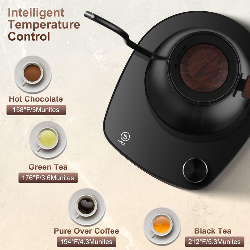 Gooseneck Electric Kettle, Intelligent Temperature Control, Stainless Steel Inner, Quick