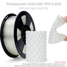 ZIRO 3D Printer Filament, Flexible TPU Filament 1.75mm, Soft Shore 95A Hardness TPU, Fit for Most FDM 3D Printers, Clear TPU 3D Printing Material, 0.8KG/1.8lbs Spool, Transparent (TPU)