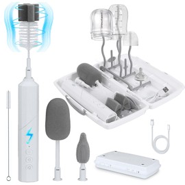 Yoobao Electric Baby Bottle Brush Cleaner Kit, Rechargeable Automatic Bottle Cleaner Brush Set with Drying Rack, 3 Speed Cleaning Modes, Nipple,Straw,Sponge Brush, Ideal Present for After Birth Moms