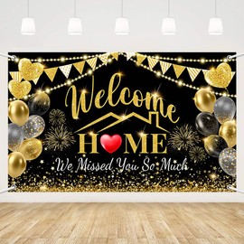 MEHOFOND Welcome Home Backdrop Decorations, Black Gold Welcome Home Backdrop, We Missed You So Much Party Decor, Family Reunion Patriotic Military Homecoming Returning Party Supplies