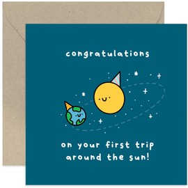 Old English Co. Funny First Birthday Card for Baby Boy or Girl - Toddler 1st Birthday Card - First Trip Around The Sun Greeting Card for Godson Goddaughter - 1 Year Old Birthday Card | Blank Inside