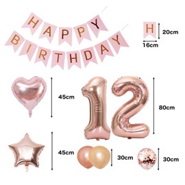 12th Birthday Balloons, Balloons, Decoration Set, Number Balloons, 12, Happy Birthday Garland, Heart Balloons, Confetti Balloons, Birthday Balloons, For Adults, Girls, Rose Pink