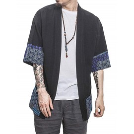 perdontoo Men's Cotton Kimono Jackets Loose Open Front Casual Cardigan (Black, M)